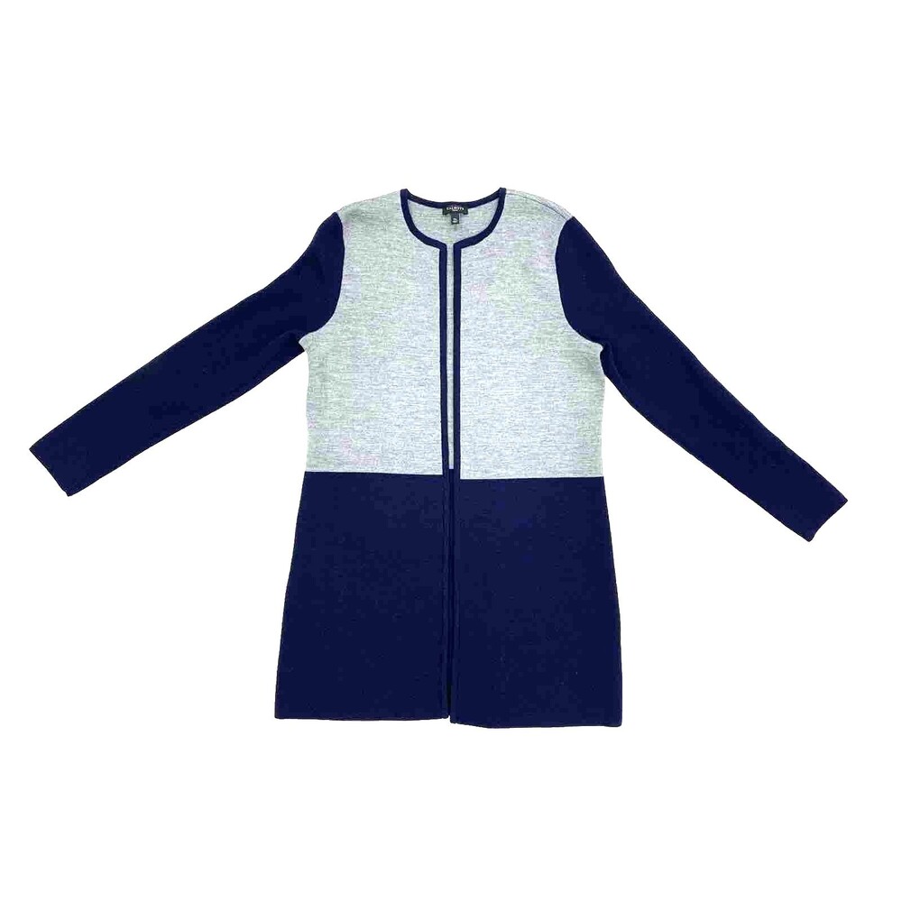 Talbots Merino Wool Long Open Cardigan Sweater Sz MP Gray Blue Colorblock Luxury